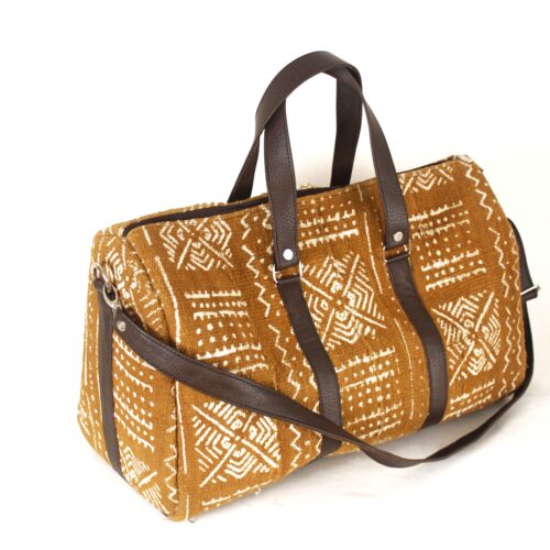 sac de voyage femme Bogolan blond simili cuir marron fait main