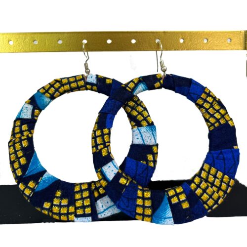 Boucles d'oreilles wax "Awa" bleu et doré, légères, fabriquées à la main avec du tissu wax
