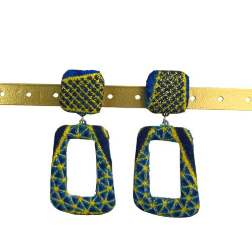 Boucle d’oreille wax "NABOU" bleu et doré, très chic, fabriquée en tissu wax