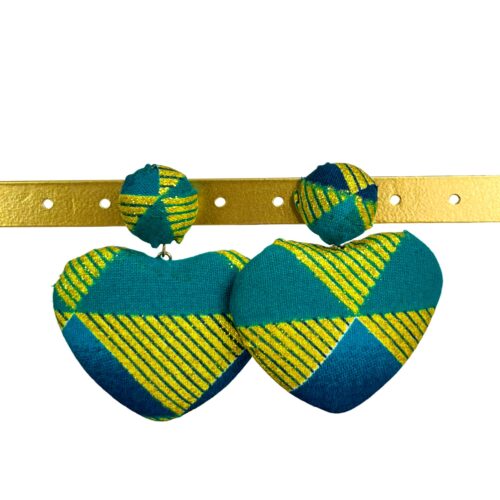 Boucles d'oreilles wax NABOU cœur vert et doré, forme cœur, fabriquées à la main avec passion