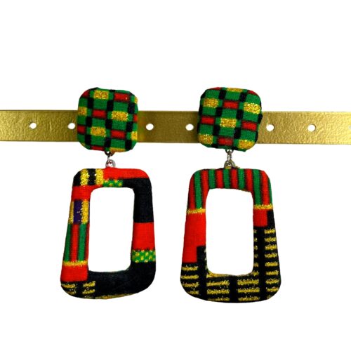 boucles d'oreilles wax "NABOU" rouge et doré, chic et très légères, tissu wax