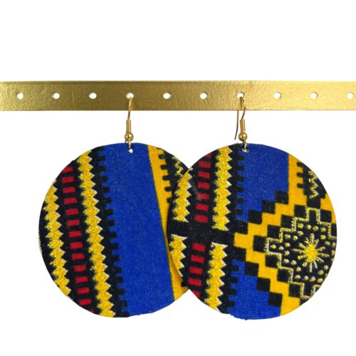 Boucles d'oreilles wax “NABOU” ronde bleu et doré, très légères, pour un look ethnique chic