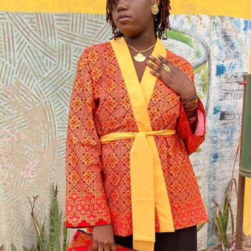 Kimono wax femme orange et col jaune Imanëka