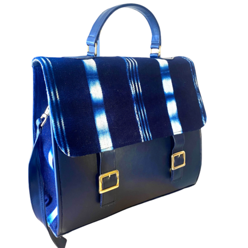 cartable femme Aminata pagne Baoulé Indigo simili cuir bleu marine