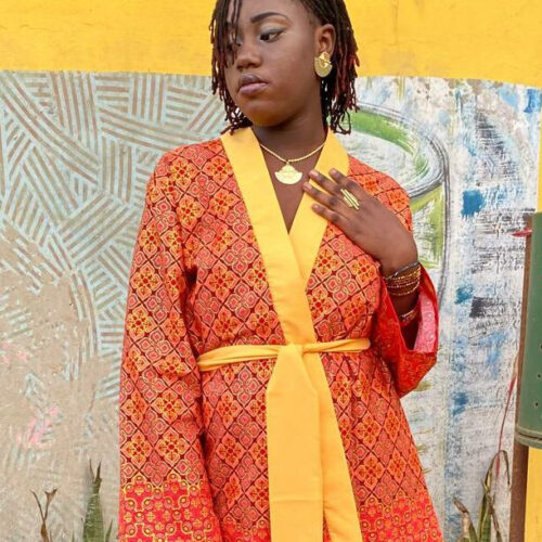 Kimono wax femme orange et col jaune Imanëka