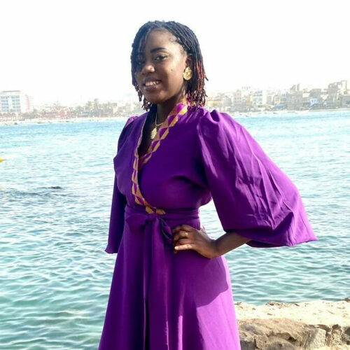 Robe Sophie Violette avec col en wax à paillettes et tissu fluide Imanëka